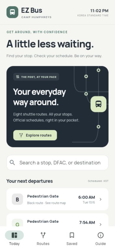 EZ Bus app preview showing scheduled departures and color-coded routes